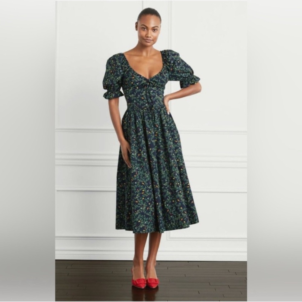 Hill House The Ophelia Midnight Garden Midi Dress with Puff Sleeves